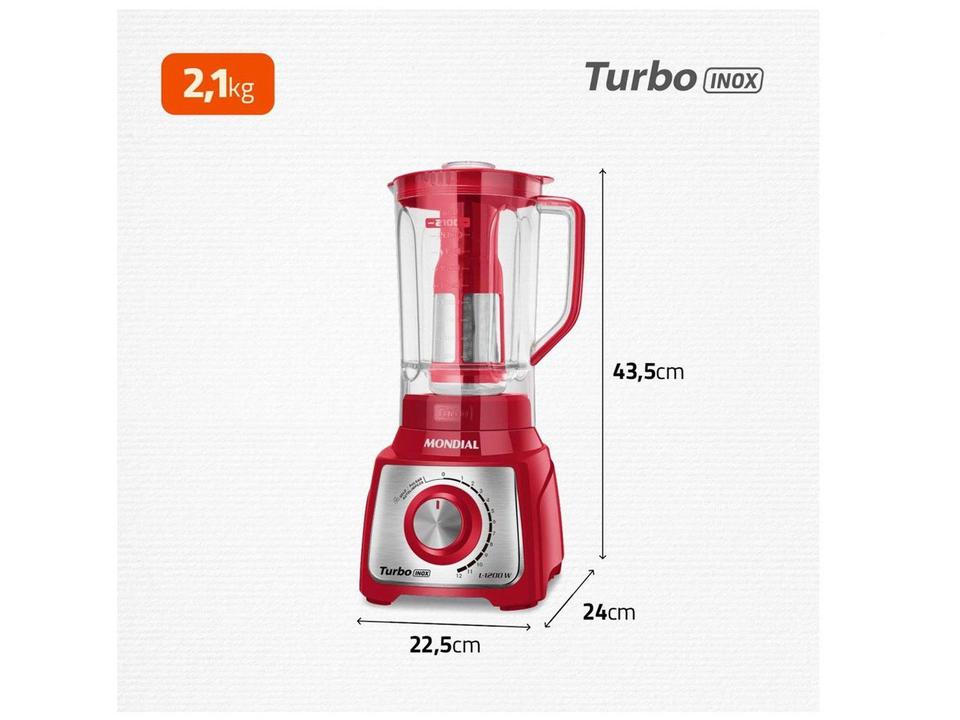 Liquidificador Mondial Turbo Inox L-1200 RI com Filtro 12 Velocidades 1200W Vermelho - 8
