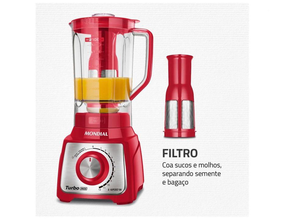 Liquidificador Mondial Turbo Inox L-1200 RI com Filtro 12 Velocidades 1200W Vermelho - 4