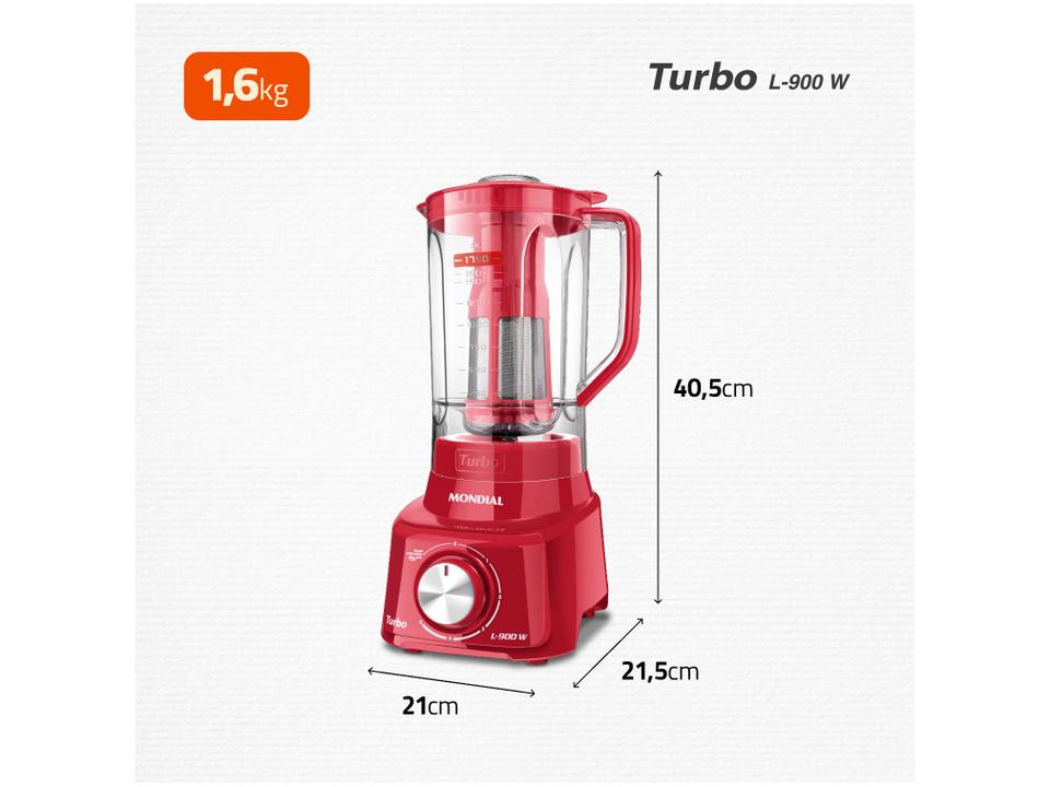 Liquidificador Mondial Turbo L-900 FR Copo - Vermelho Com Filtro 05 Velocidades 900W - 110 V - 8