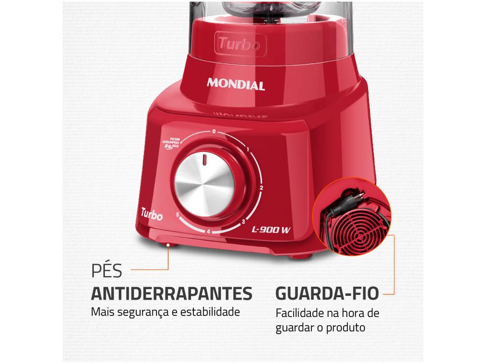 Liquidificador Mondial Turbo L-900 FR Copo - Vermelho Com Filtro 05 Velocidades 900W - 110 V - 7