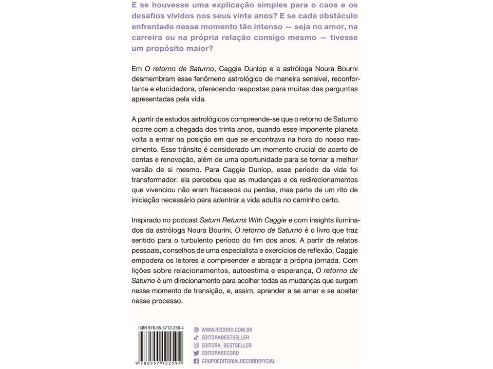 Livro O Retorno de Saturno Caggie Dunlop - 1