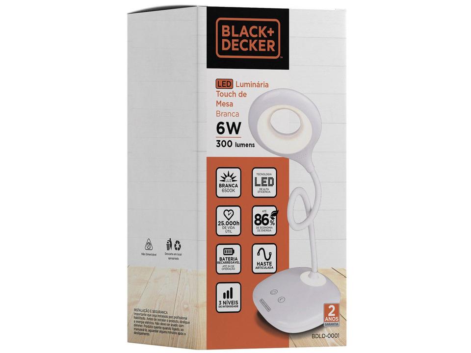 Luminária de Mesa LED 3 Intensidades - Touch Recarregável Branca Black + Decker - 4