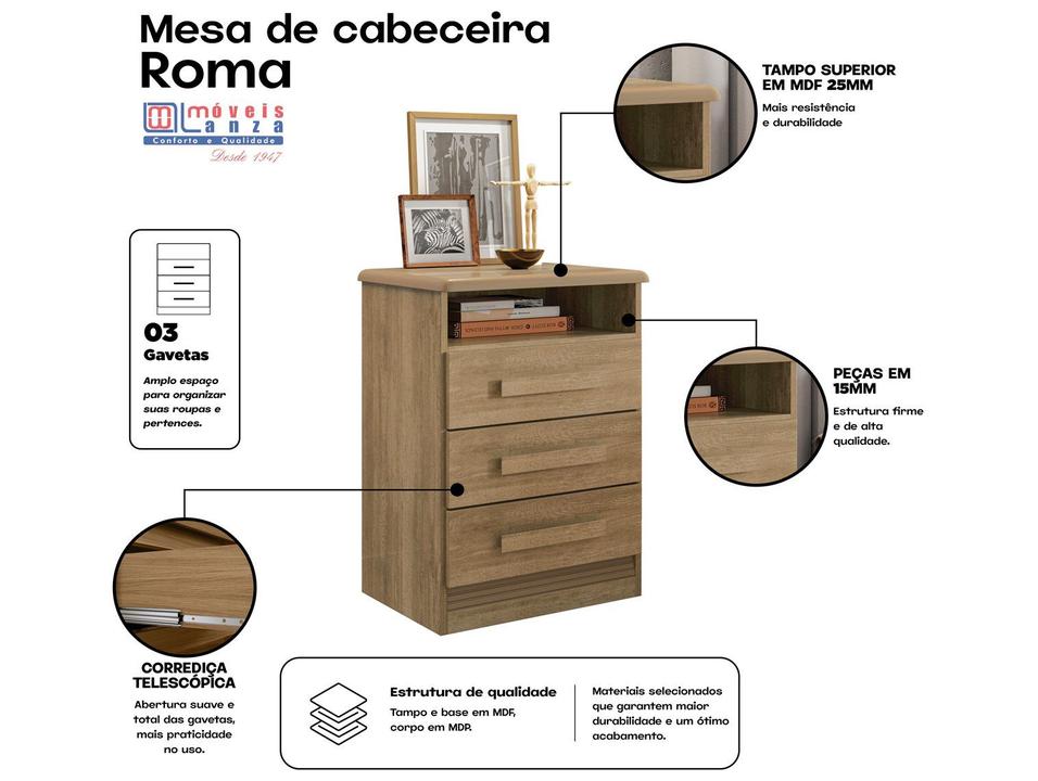 Mesa de Cabeceira 3 Gavetas Roma Móveis Lanza - 3