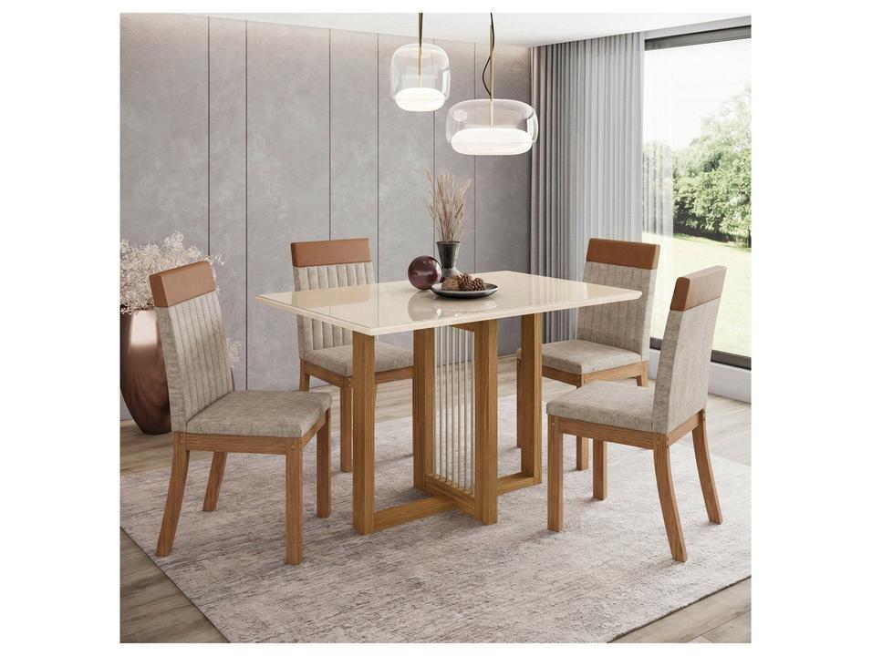 Mesa de Jantar 4 Cadeiras 4 Lugares Retangular Cinamomo Off White Caramelo e Creme Móveis Henn Nathalí - 1