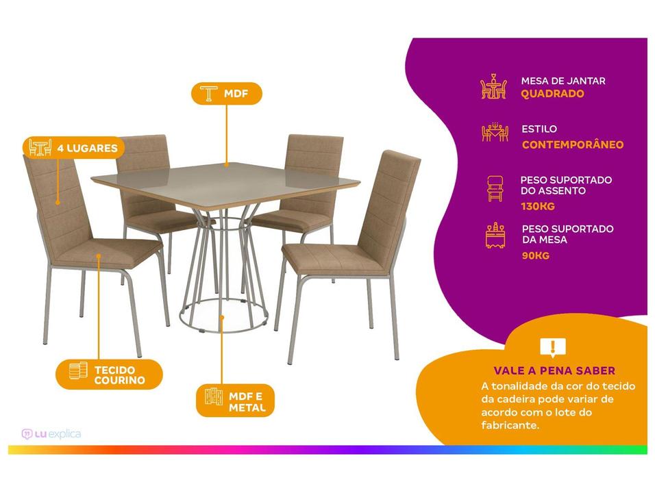 Mesa de Jantar 4 Cadeiras Quadrada Capuccino Crome Topázio - 3