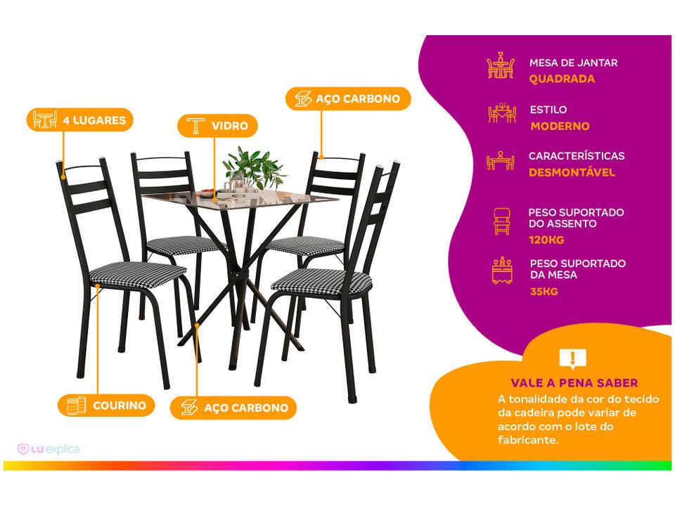 Mesa de Jantar 4 Cadeiras Quadrada Preta Tampo de Vidro Artefamol Léia Capri - 1