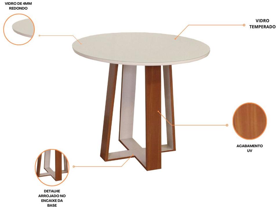 Mesa de Jantar 4 Cadeiras Redonda Naturalle e Off-White Tampo de Vidro Laís Móveis São Carlos - 1
