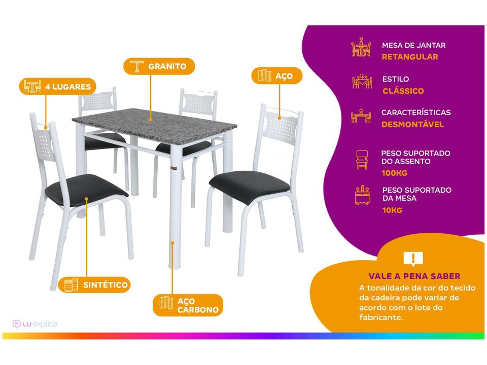 Mesa de Jantar 4 Cadeiras Retangular Aço Tampo Granito Poeme Ciplafe - 1