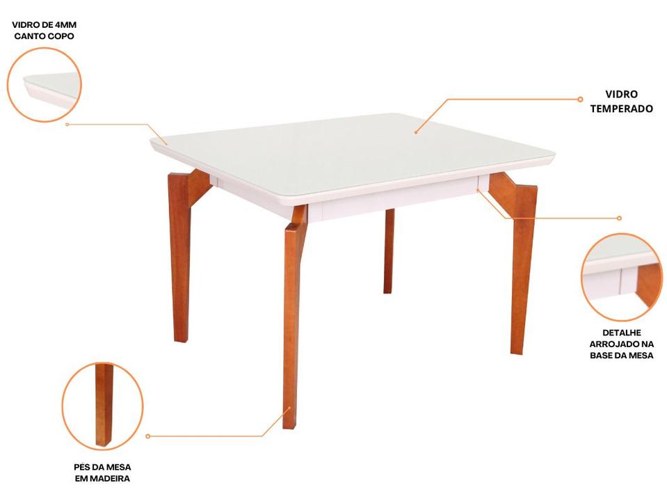 Mesa de Jantar 4 Cadeiras Retangular Madeira Maciça Mel e Off-White Tampo de Vidro Abeille Móveis São Carlos - 1