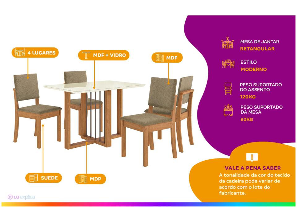 Mesa de Jantar 4 Cadeiras Retangular Tampo de MDF com Vidro Malbec Kappesberg - 1