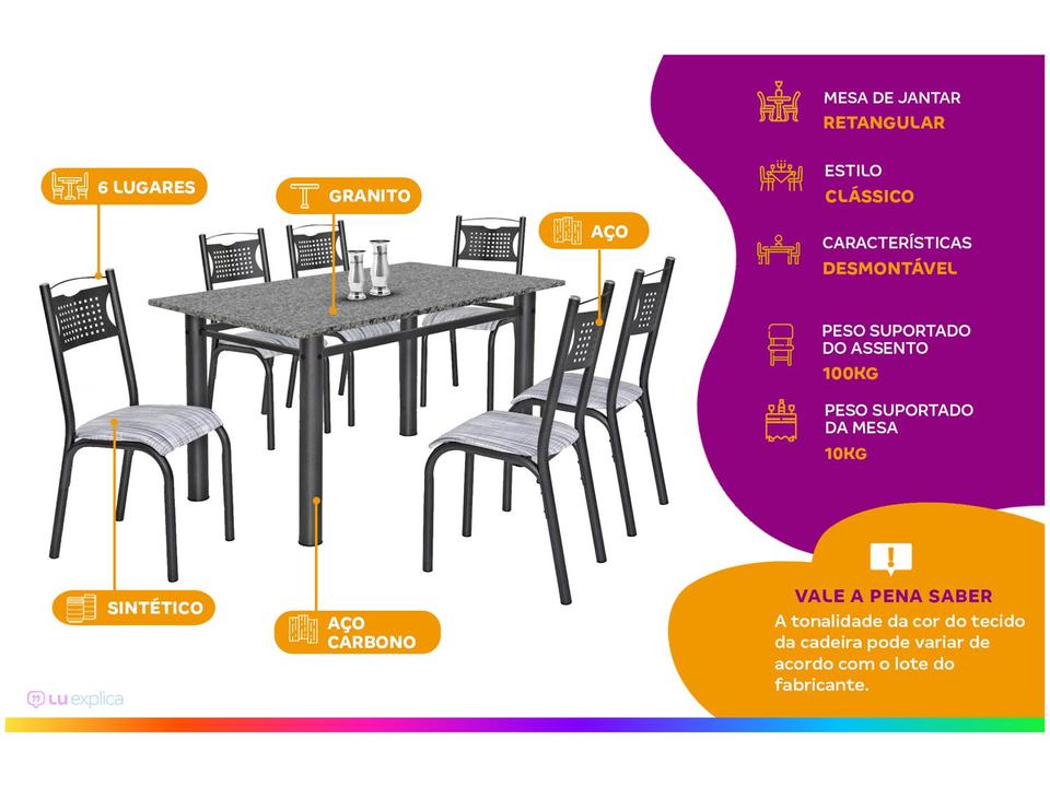 Mesa de Jantar 6 Cadeiras Retangular Aço Tampo Granito Poeme Ciplafe - 1