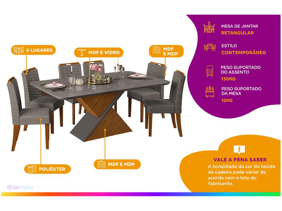 Mesa de Jantar 6 Cadeiras Retangular Cinza e Lunar DJ Móveis Firenze - 1