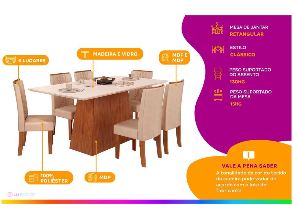 Mesa de Jantar 6 Cadeiras Retangular Freijó Off White e Creme DJ Móveis Copenhague - 1