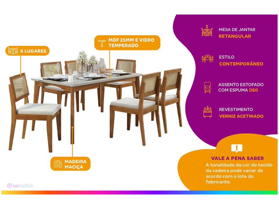 Mesa de Jantar 6 Cadeiras Retangular Madeira Maciça com vidro Nesher Monalisa - 1