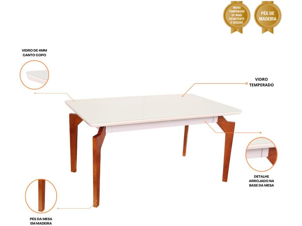 Mesa de Jantar 6 Cadeiras Retangular Madeira Maciça Mel e Off-White Tampo de Vidro Abeille Móveis São Carlos - 1