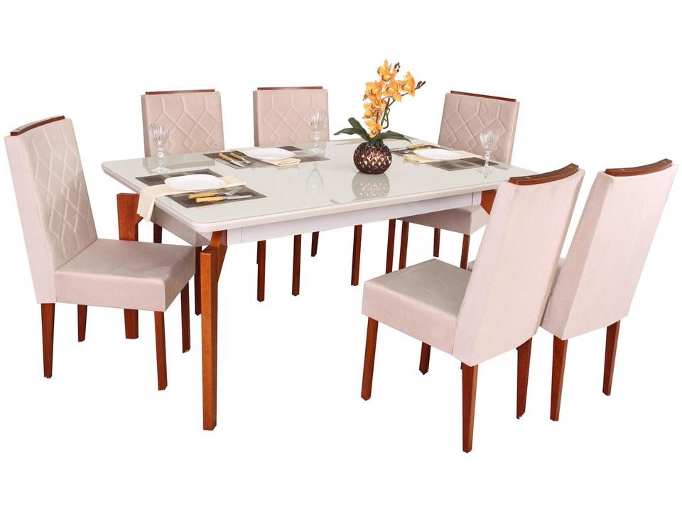 Mesa de Jantar 6 Cadeiras Retangular Madeira Maciça Mel e Off-White Tampo de Vidro Abeille Móveis São Carlos - 3