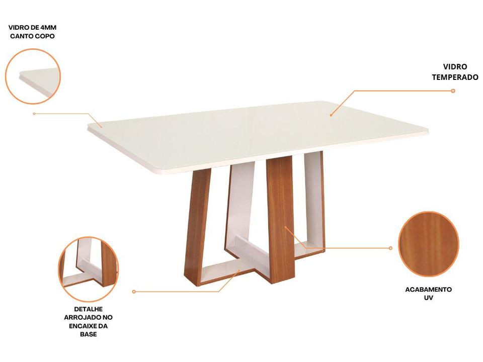 Mesa de Jantar 6 Cadeiras Retangular Naturalle e Off-White Tampo de Vidro Laís Móveis São Carlos - 1