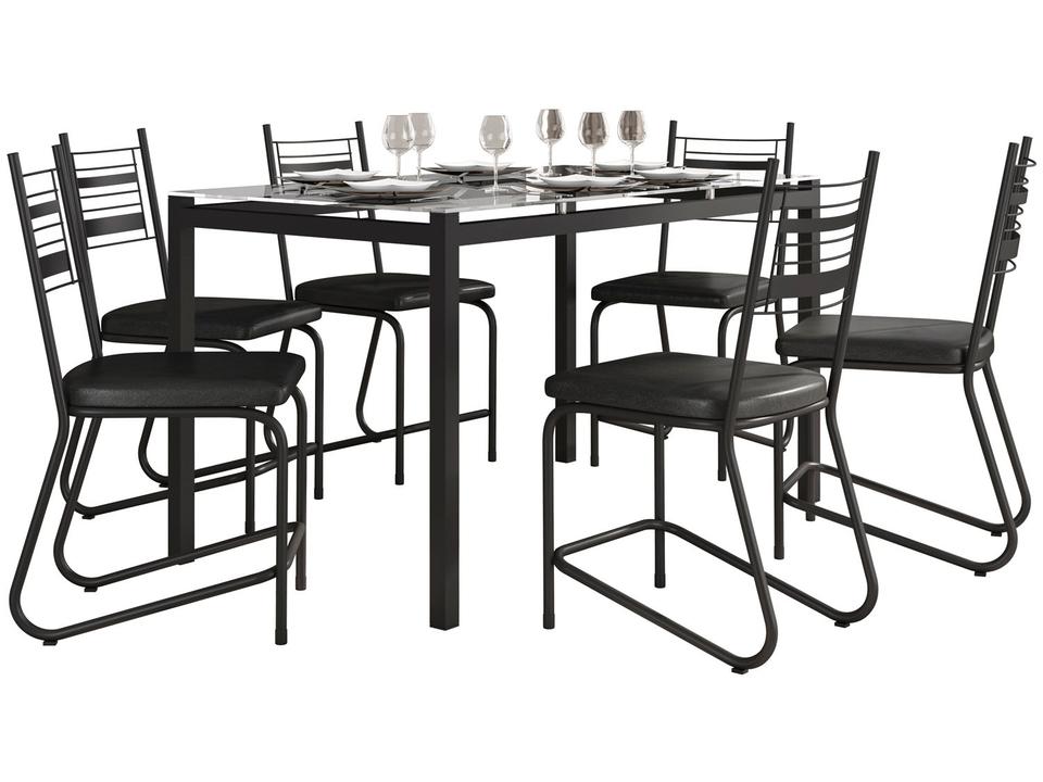 Mesa de Jantar 6 Cadeiras Retangular Preto Fosco Tampo de Vidro Artefamol Valência - 1