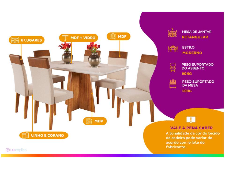 Mesa de Jantar 6 Cadeiras Retangular Tampo de MDF com Vidro Mel e Off White Viena - 1