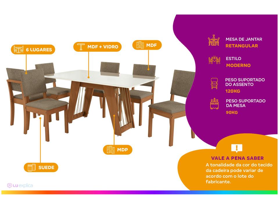 Mesa de Jantar 6 Cadeiras Retangular Tampo de MDF com Vidro Merlot Kappesberg - 1