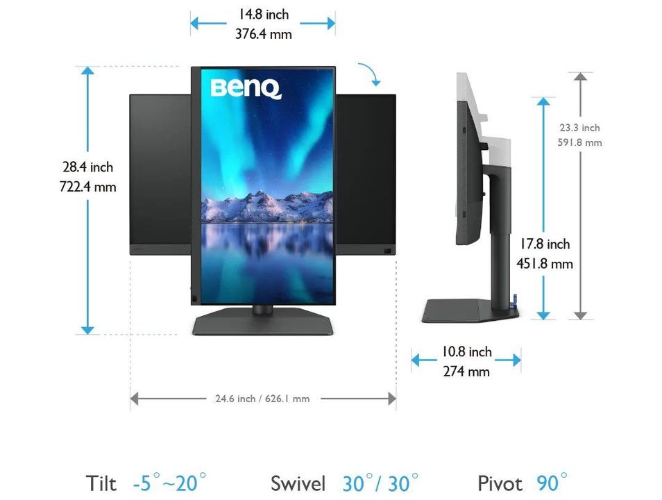 Monitor BenQ 27" SW272Q 27" 2K Quad HD IPS 99% Adobe RGB, 98% P3 Delta E = 1.5 com USB-C Thunderbol - 8