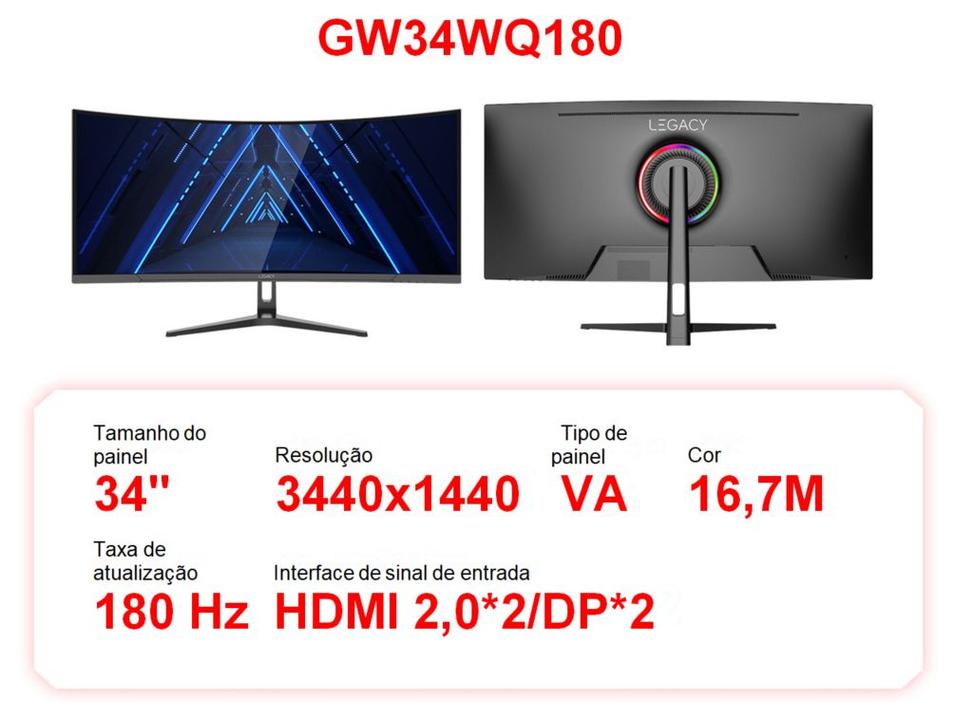 Monitor Gamer Curvo 34" 180Hz 1ms Full HD R1500 Legacy GW34WQ180 2 HDMI 2 DisplayPort Freeysnc G-sync - 1
