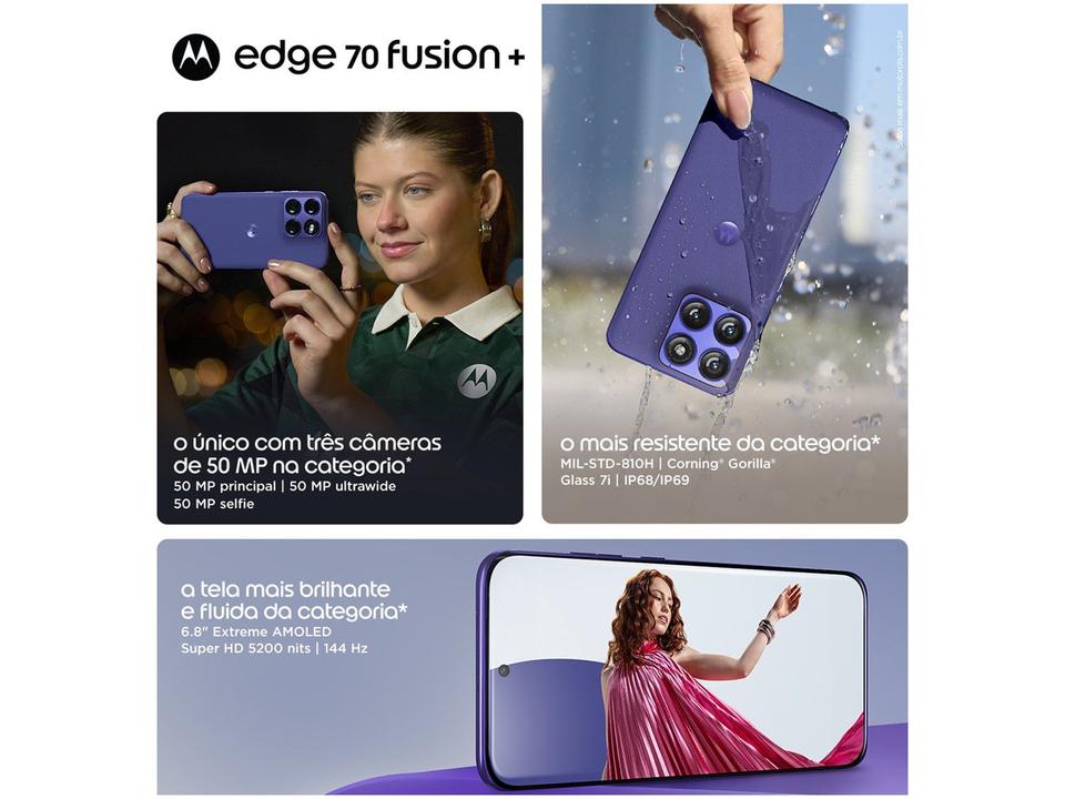 Motorola Edge 70 Fusion+ Roxo 5G 256GB 5G 24GB (12GB RAM + 12GB RAM Boost) Câmera 50MP Sony Lytia 710 Tela 1.5K Extreme Amoled 144Hz - 5