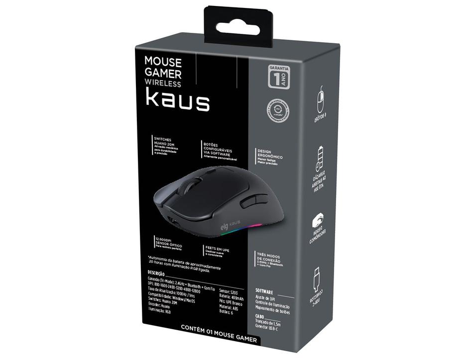 Mouse Gamer sem Fio ELG Óptico 12.800DPI 6 Botões Kaus Preto - 8