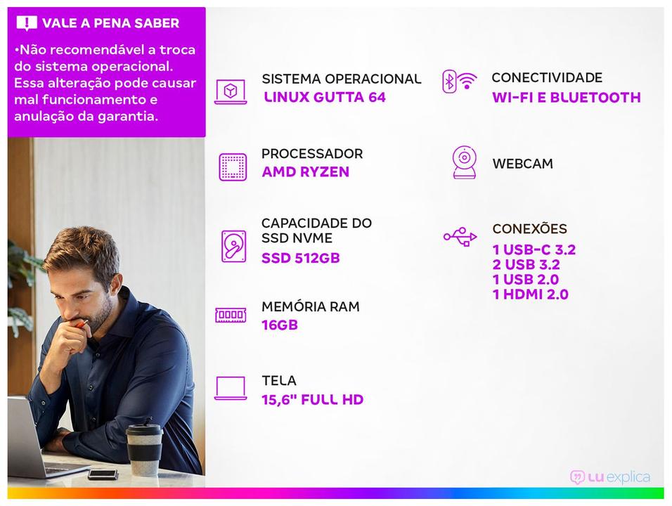 Notebook Acer Aspire 5 A515-45-R478 AMD Ryzen 5 16GB 15,6” Full HD Linux NX.AYDAL.00R - 1