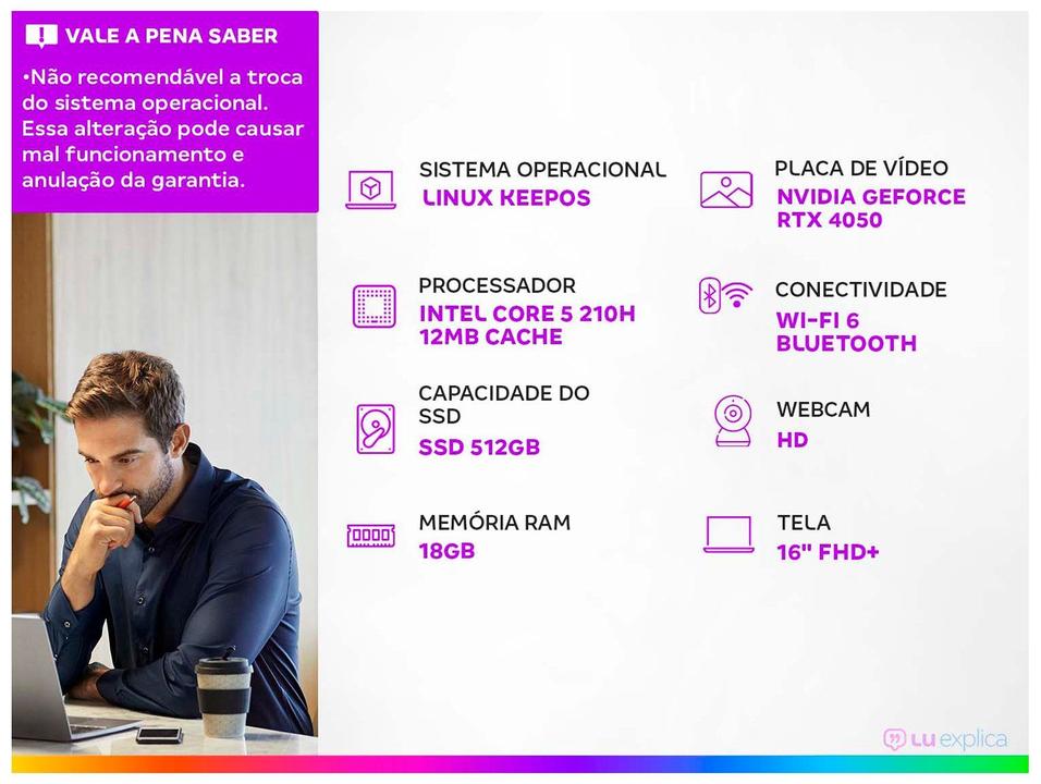 Notebook ASUS TUF Gaming F16 FX607VU-RL054 Intel Core 5 210H 8GB RAM 512GB FHD+ Linux NVIDIA GeForce RTX 4050 90NR0N06-M005T0 - 1