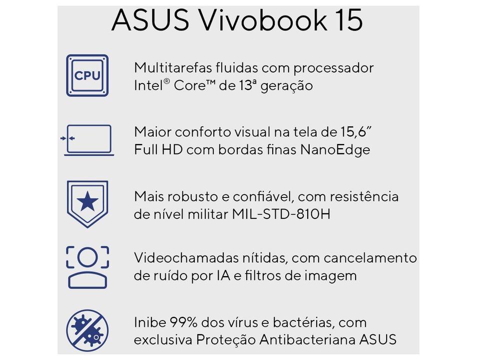 Notebook ASUS Vivobook 15 X1504VA-NJ1746 Intel Core i5 16GB RAM 512GB SSD 15,6" Full HD Linux 90NB10J1-M027A0 - 10