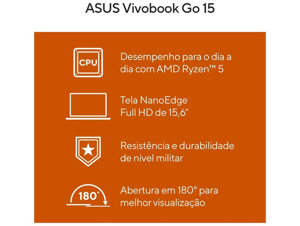 Notebook ASUS Vivobook Go 15 E1504FA-NJ1288 AMD Ryzen 5 7520U 16GB RAM SSD 15,6" Full HD Linux 90NB0ZR2-M028N0 - 2