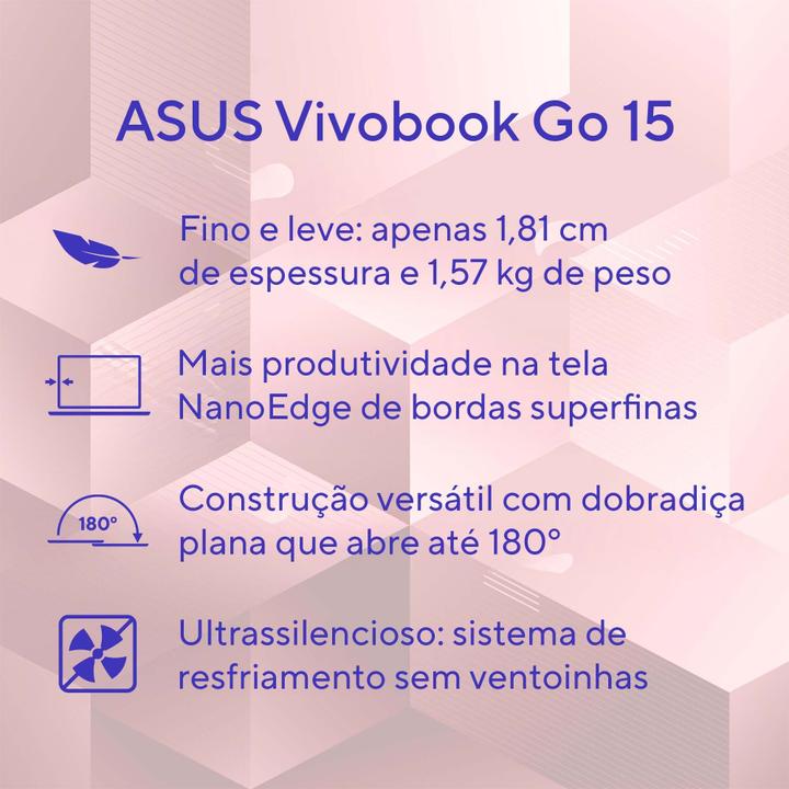 Notebook ASUS Vivobook Go 15 Intel Celeron 4GB RAM 128GB eMMC 15,6" UHD Rosa Windows 11+ Microsoft 365 Personal Office E510KA-BR833WS - 3