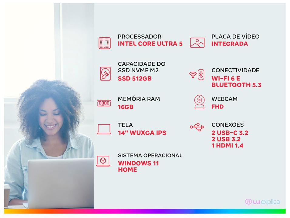 Notebook ASUS Vivobook S14 Intel Core Ultra 5 com IA Integrada 225H 16GB RAM 512SSD 14" Windows 11 - 2