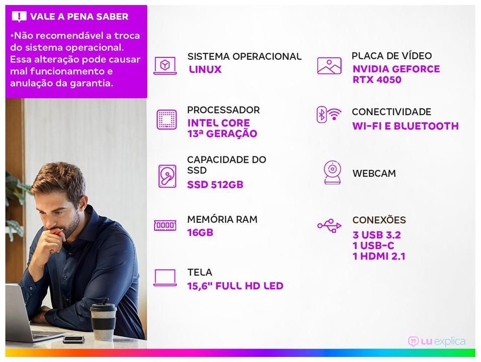 Notebook Gamer Acer Nitro V15 Intel Core i5 512GB SSD 16GB RAM 15.6” Full HD 165Hz IPS NVIDIA RTX 4050 6GB Linux ANV15-52-52XM - 1