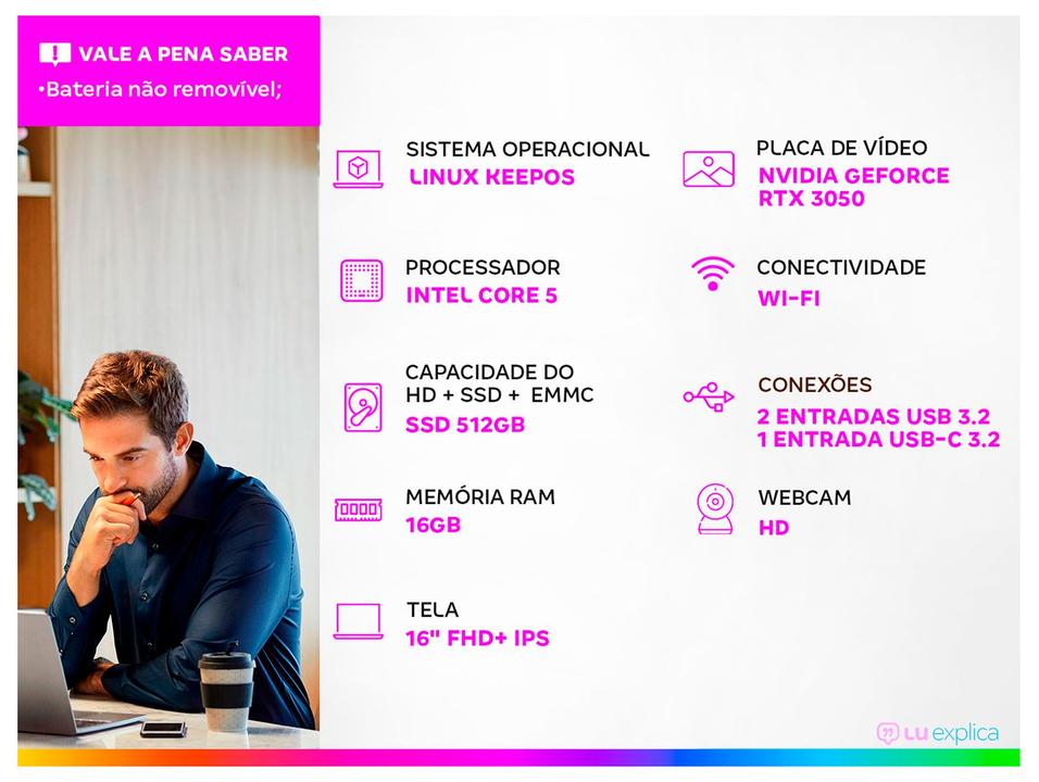 Notebook Gamer ASUS TUF Gaming F16  Intel Core 5 210H 512GB SSD 16" FHD+ 144Hz IPS NVIDIA GeForce RTX 3050 6GB Linux KeepOS FX607VJ-RL015 - 1