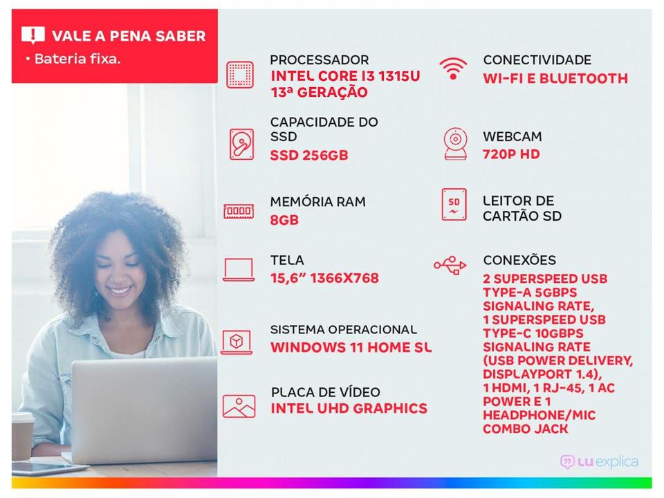 Notebook HP 256R G9 Intel Core i3 1315U 8GB 256GB 15,6” Windows 11 Intel UHD Graphics BQ9K8AT#AK4 - 1