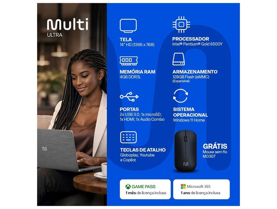 Notebook Multi Ultra Intel Pentium Gold 6500Y 4GB RAM 128GB eMMC 1TB Nuvem 14" Windows 11 UB361 - 1