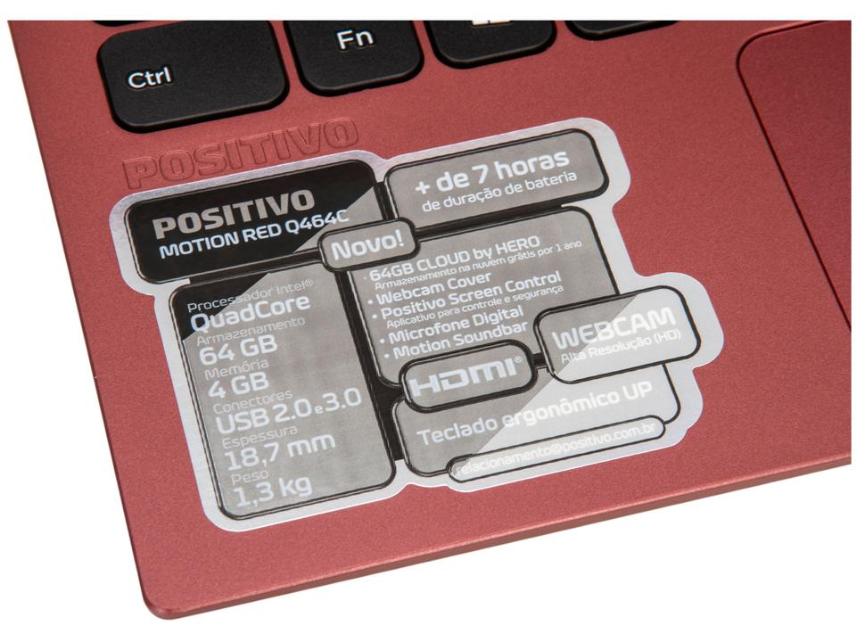 Notebook Positivo Motion Red Q464C Intel Atom - Quad-Core 4GB 64GB eMMC 64GB Nuvem 14,1” LED - 12