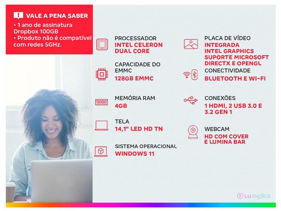 Notebook Positivo Vision C14 Lumina Bar Intel Celeron 4GB 128GB eMMC 14” HD Windows 11 Microsoft 365 - 1