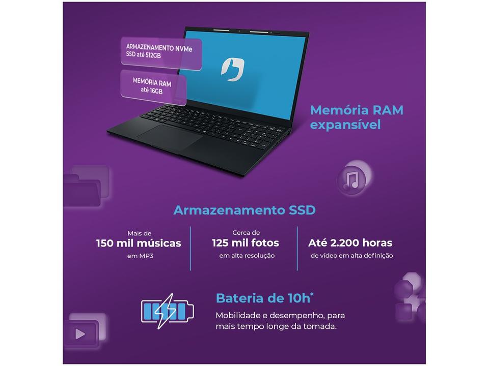 Notebook Positivo Vision i15 Intel Core i3 N300 8GB 256GB SSD Tela 15,6" Full HD Antirreflexo Windows 11 Preto - 10