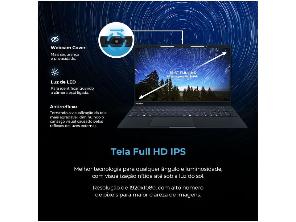 Notebook Positivo Vision i15 Intel Core i3 N300 8GB 256GB SSD Tela 15,6" Full HD Antirreflexo Windows 11 Preto - 9