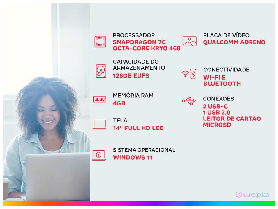 Notebook Samsung Book Go Snapdragon 7c 4GB RAM 128GB 14" Full HD Windows 11 NP340XLA-K0ABR - 1