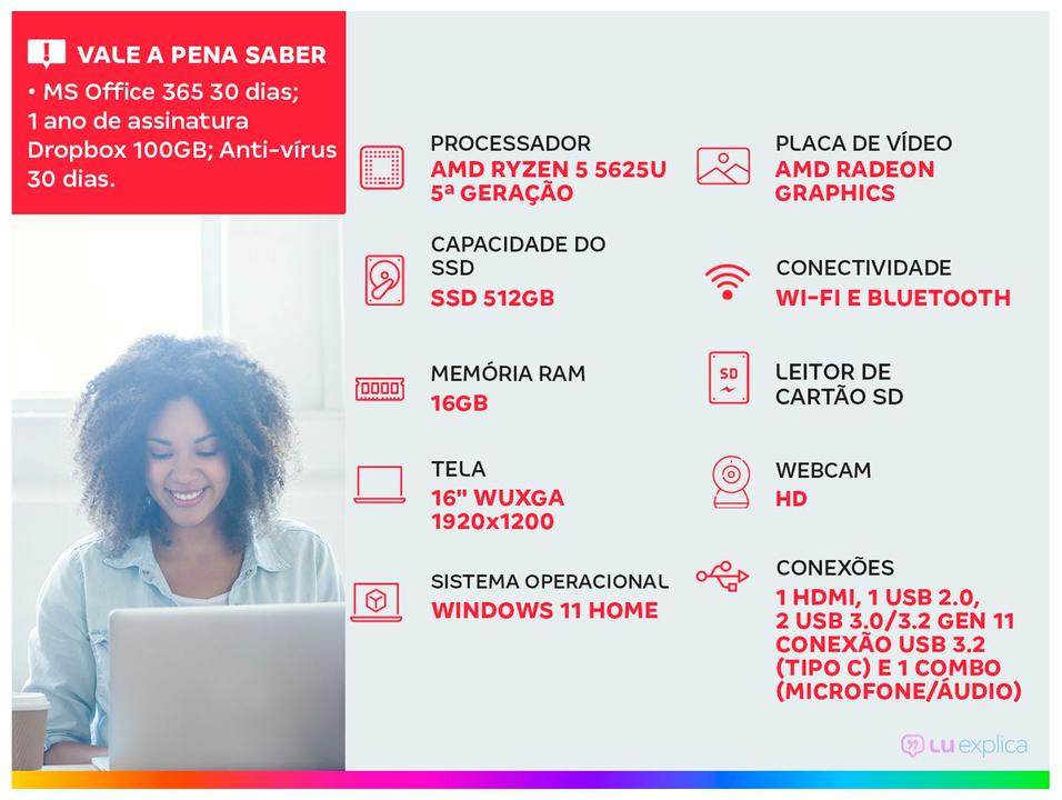 Notebook Vaio FE16 VJFE69F11X-B0721H AMD Ryzen 5 5625U 16GB 512GB SSD 16" WUXGA Windows 11 AMD Radeon Graphics 3344643 - 1