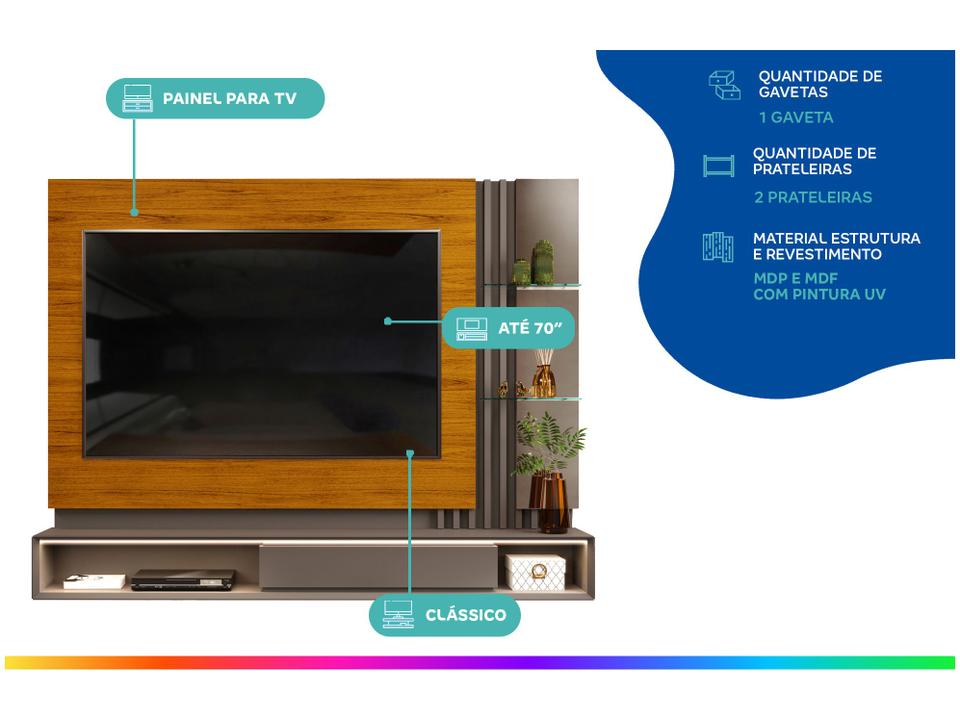 Painel para TV até 70” DJ Móveis Pietro 2 Prateleiras - 1