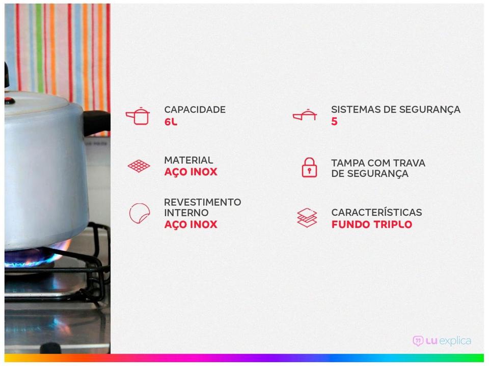 Panela de Pressão Tramontina Aço Inox Fundo Triplo 6L com 5 Dispositivos de Segurança Solar 62516223 - 1