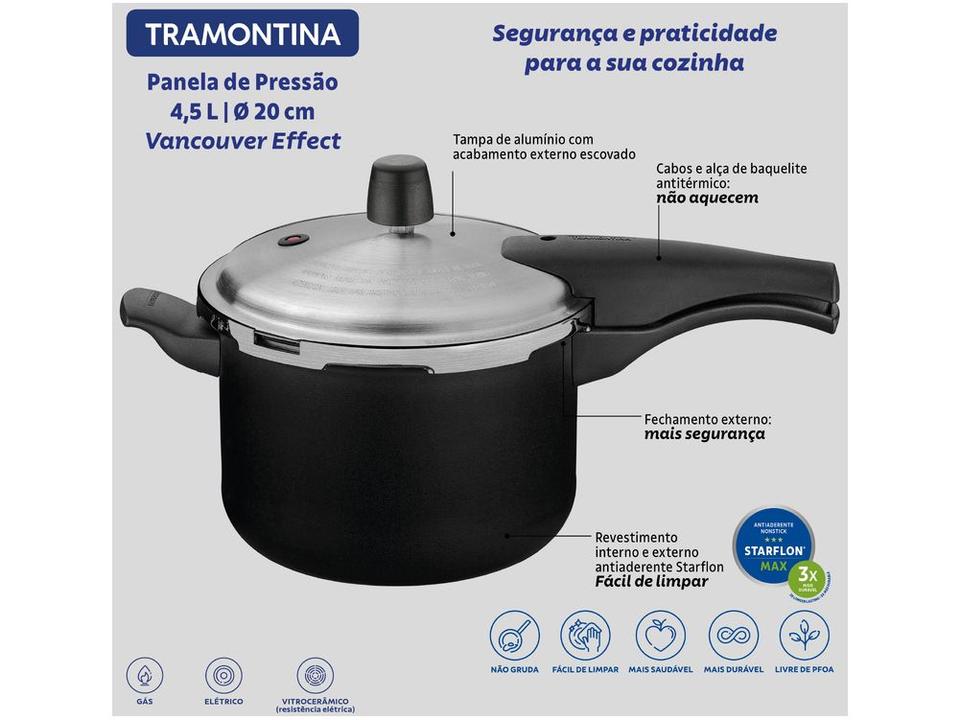 Panela de Pressão Tramontina Antiaderente 4,5L Preto e Prata Vancouver Effect - 9