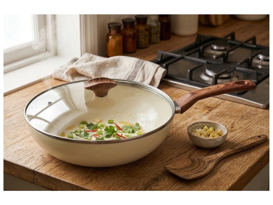 Panela Wok Multiflon com Tampa de Alumínio Antiaderente Cerâmico Indução Capadócia Bege 28cm - 1