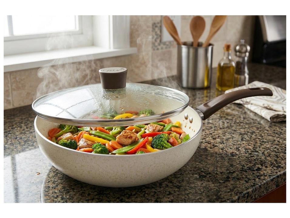 Panela Wok Multiflon com Tampa de Alumínio Antiaderente Ekó Bege 28cm - 1