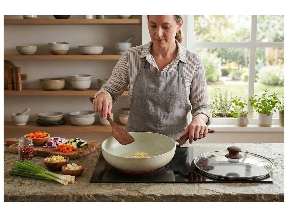 Panela Wok Multiflon com Tampa de Alumínio Antiaderente Petra Bege 28cm - 1